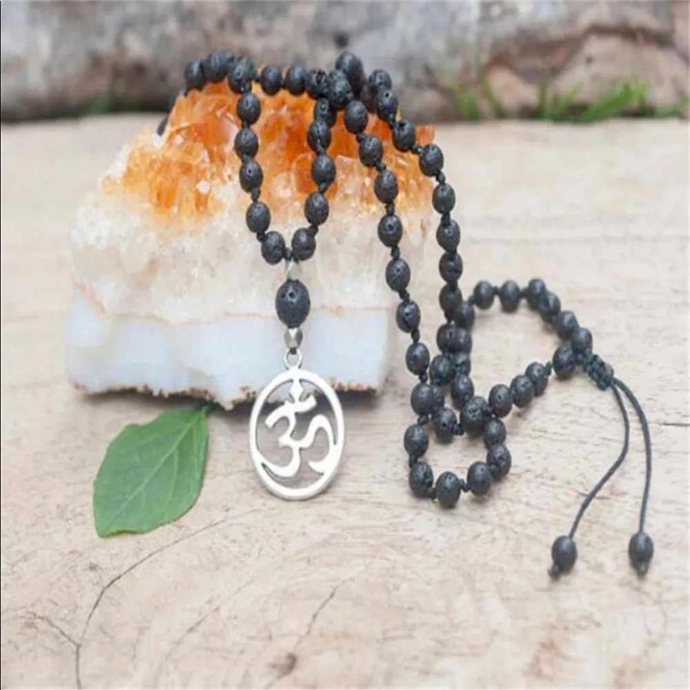 Hand knotted Lavastone Mala with Sanskrit OM symbol - Picture 2 of 3